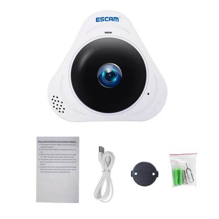 ESCAM Q8 360-Degree WiFi IP Camera for Home Security - white 360° home security camera with accessories, wide-angle lens and mobile alerts