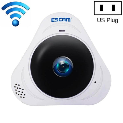 ESCAM Q8 360-Degree WiFi IP Camera for Home Security white 360° dome camera with wide-angle lens and US plug