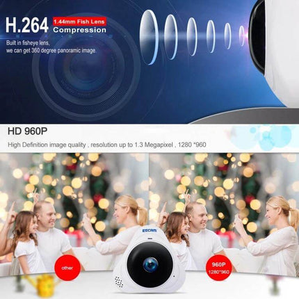 ESCAM Q8 360-Degree WiFi IP Camera for Home Security - 360° fisheye lens 1.3MP HD 960P home monitoring for family and pets