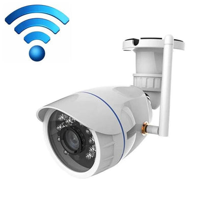 NEO Outdoor Waterproof WiFi Security Camera with Night Vision mounted white outdoor camera showing antenna and night vision LEDs