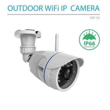NEO Outdoor Waterproof WiFi Security Camera with Night Vision mounted outdoor bullet camera showing IP66 rating and night IR LEDs