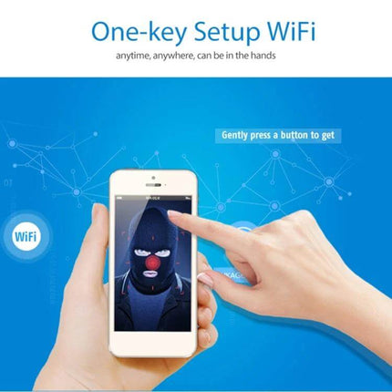 NEO Outdoor Waterproof WiFi Security Camera with Night Vision showing mobile app one-key WiFi setup and live feed of detected intruder