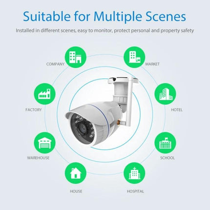 NEO Outdoor Waterproof WiFi Security Camera with Night Vision showing camera suited for front door, driveway, backyard and multiple scenes like house, office, warehouse