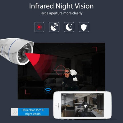 NEO Outdoor Waterproof WiFi Security Camera with Night Vision showing infrared night vision view and mobile live feed