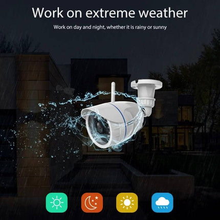 NEO Outdoor Waterproof WiFi Security Camera with Night Vision mounted outdoors showing water splash to highlight waterproof and night vision features