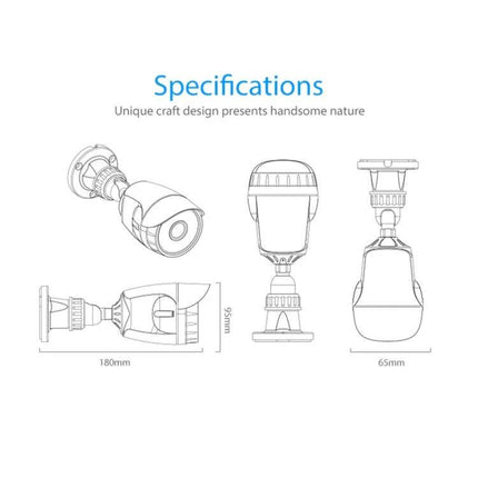 NEO Outdoor Waterproof WiFi Security Camera with Night Vision technical drawing showing dimensions and front/side views