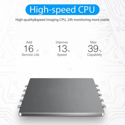 NEO Outdoor Waterproof WiFi Security Camera with Night Vision showing high-speed CPU graphic for improved 24h monitoring and night vision performance
