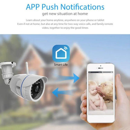 NEO Outdoor Waterproof WiFi Security Camera with Night Vision showing app push notifications and live mobile feed