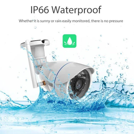 NEO Outdoor Waterproof WiFi Security Camera with Night Vision showing IP66 waterproof bullet camera splashing in water