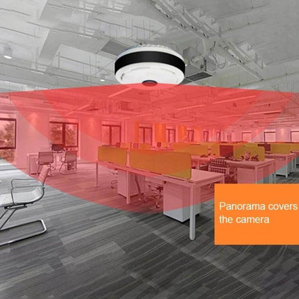 360EyeS Panoramic Camera for Mobile Monitoring at Home capturing wide-angle panoramic view of open-plan office for remote monitoring via smartphone