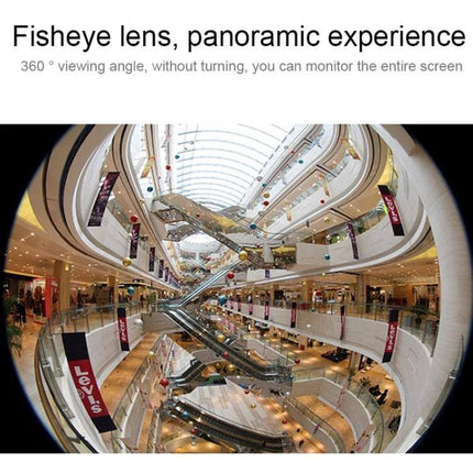 V380pro White 360-Degree Panoramic Camera for Home Monitoring fisheye view showing full-room 360° panoramic shopping mall scene