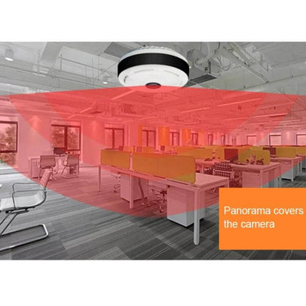 V380pro White 360-Degree Panoramic Camera for Home Monitoring mounted on ceiling showing full-room coverage in office with red panorama overlay