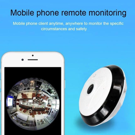 V380pro White 360-Degree Panoramic Camera for Home Monitoring showing phone remote monitoring with fisheye full-room view