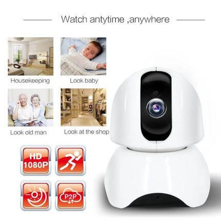 163Eye Rotatable HD Camera for Home Security Monitoring white rotatable indoor camera shown with app monitoring icons and sample home scenes