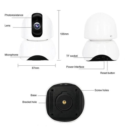 163Eye Rotatable HD Camera for Home Security Monitoring showing dimensions, labeled lens, microphone, TF socket, power interface and mounting base