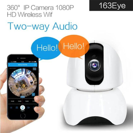 163Eye Rotatable HD Camera for Home Security Monitoring showing white rotatable IP camera with mobile app two-way audio