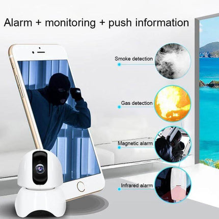 163Eye Rotatable HD Camera for Home Security Monitoring showing mobile app alert for smoke, gas, magnetic and infrared alarms