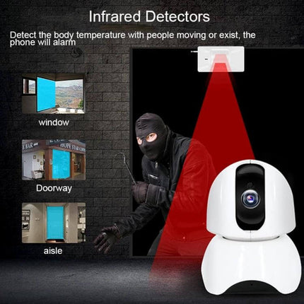 163Eye Rotatable HD Camera for Home Security Monitoring showing rotatable lens, infrared detector alerting on intruder at doorway