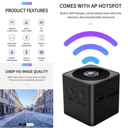 Mini Wireless Action Camera with Night Vision for Monitoring compact 32x32x33mm WiFi hotspot 1080P home security