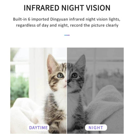 Mini Wireless Action Camera with Night Vision for Monitoring showing split daytime and night infrared view of a kitten