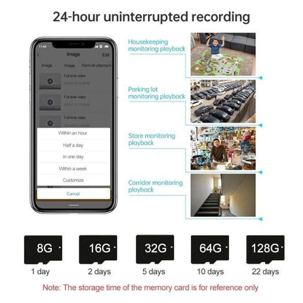 Mini Wireless Action Camera with Night Vision for Monitoring showing smartphone app, 24-hour playback examples and memory card storage durations