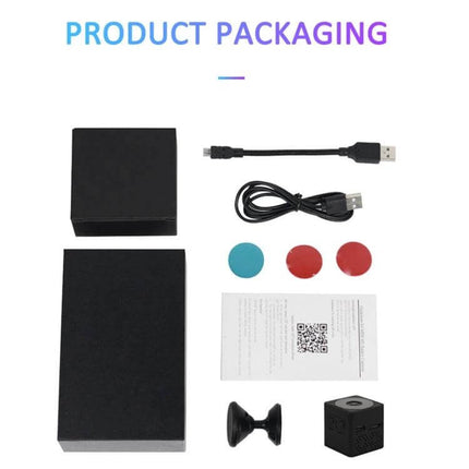Mini Wireless Action Camera with Night Vision for Monitoring product packaging and included accessories (USB cable, mounts, stickers, manual)
