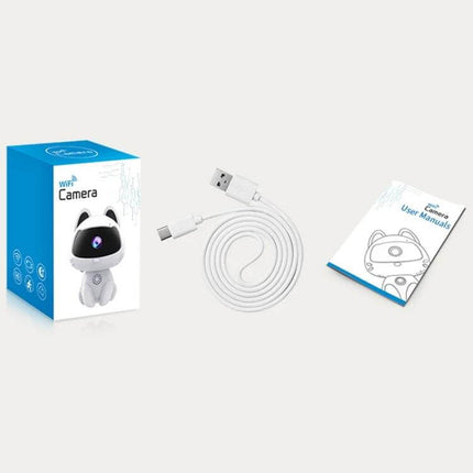 K9 Cute Pets Smart Home Camera with Motion Detection - compact white pet camera, USB cable and user manual for remote monitoring