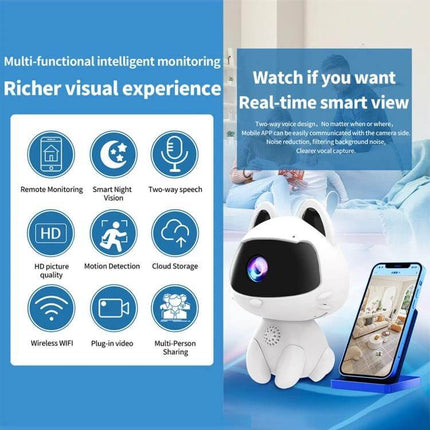 K9 Cute Pets Smart Home Camera with Motion Detection compact pet monitoring camera showing features like motion detection, night vision and smartphone access