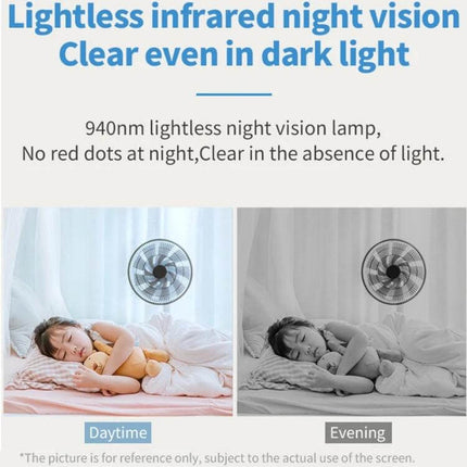 K9 Cute Pets Smart Home Camera with Motion Detection showing lightless infrared night vision daytime vs evening baby room comparison
