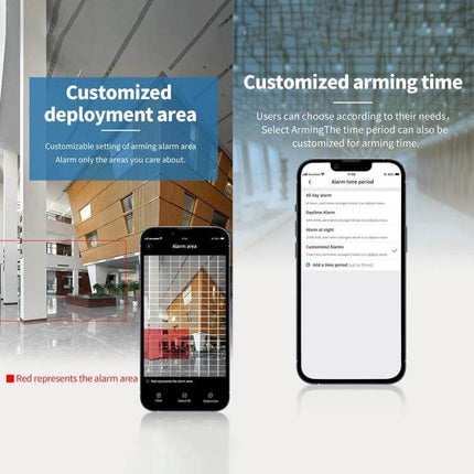 K9 Cute Pets Smart Home Camera with Motion Detection showing customizable deployment area and arming time on smartphone