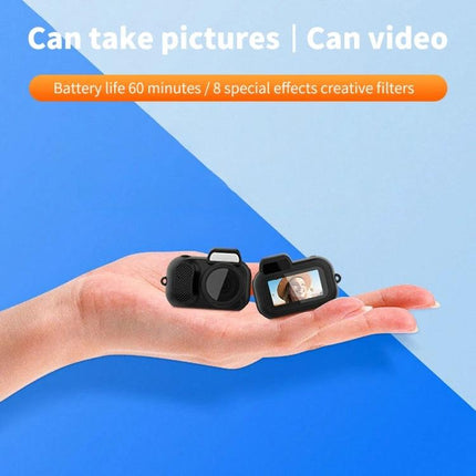 Y3000 Compact Mini Action Camera for Travel and Sports shown compact on a hand with screen and accessories, highlights 60min battery and creative filters