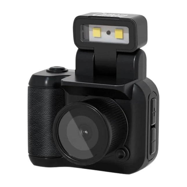 Compact Mini Camera for Travel Photography and Vlogging showing a small black portable camera with lens, flash attachment and textured grip for vlogging