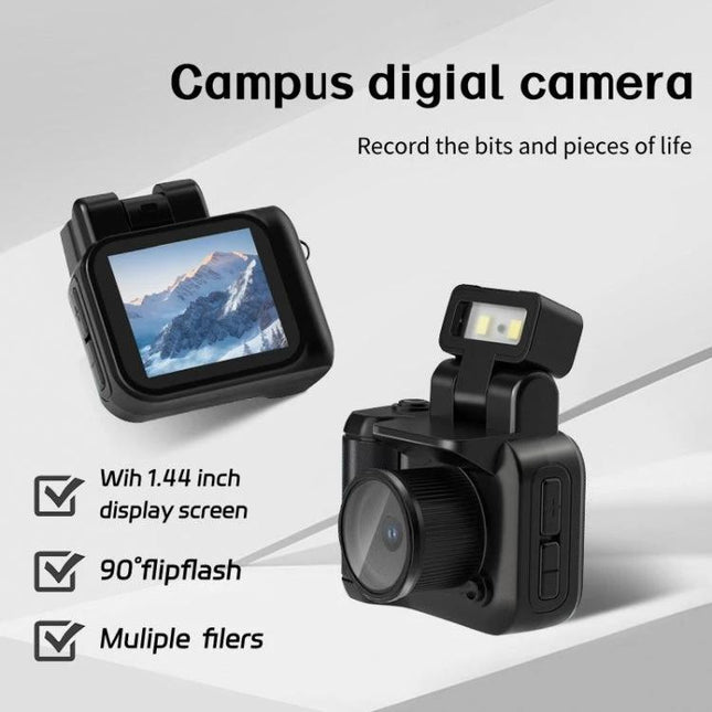 Compact Mini Camera for Travel Photography and Vlogging showing compact keychain-sized 1080P HD camera with flip screen and flash