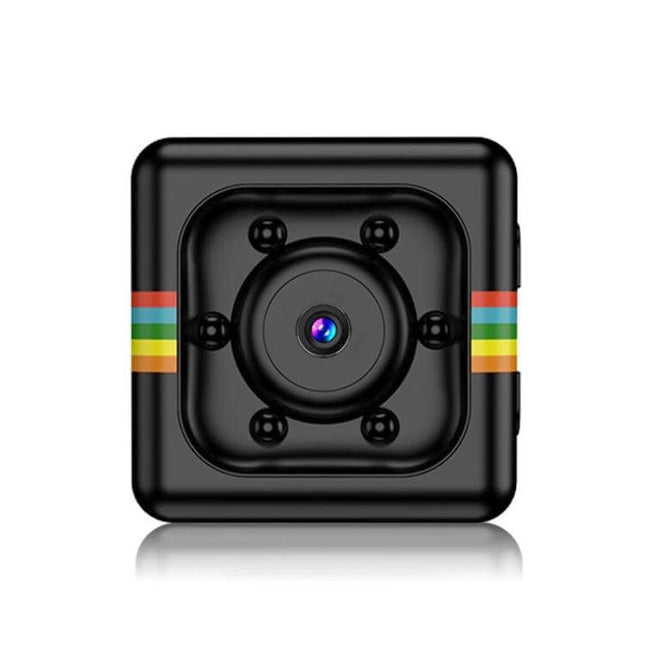 SQ11 Compact Action Camera for Sports and Daily Recording — small black square camera with wide lens and colorful side stripes, ideal for hiking and vlogging