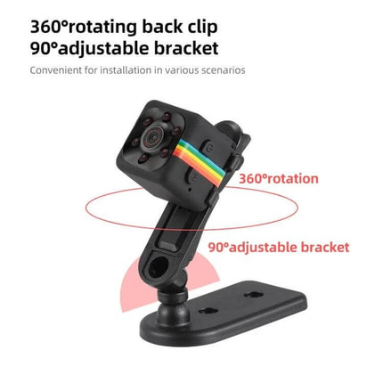 SQ11 Compact Action Camera for Sports and Daily Recording mounted on 360° rotating back clip with 90° adjustable bracket