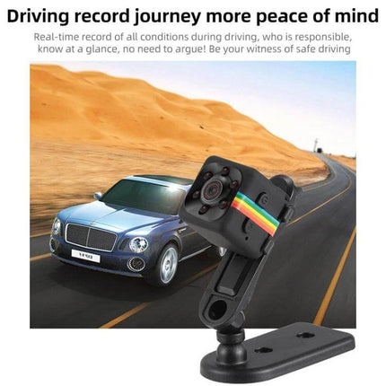 SQ11 Compact Action Camera for Sports and Daily Recording mounted as a compact dash camera capturing driving scenes and car on desert road
