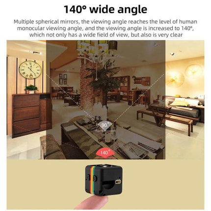 SQ11 Mini Portable Camera for Sports and Daily Recording demonstrating 140° wide angle indoor scene with tiny cube camera on fingertip