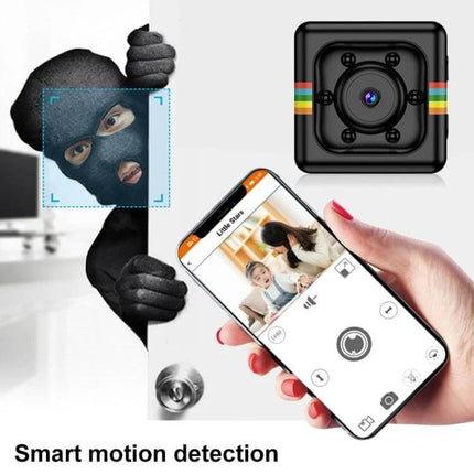 SQ11 Mini Portable Camera for Sports and Daily Recording showing smartphone live view, magnetic mount and motion detection monitoring