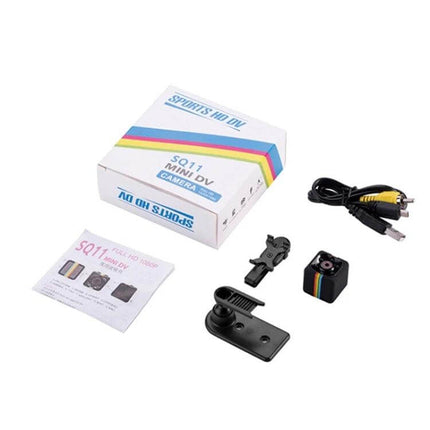 SQ11 Mini Portable Camera for Sports and Daily Recording - compact cube camera with magnetic mount, clip, USB and AV cable, and packaging
