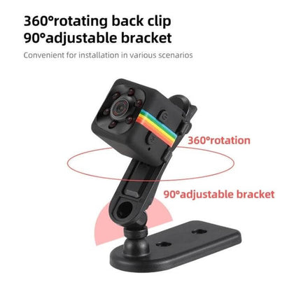 SQ11 Mini Portable Sport Camera with Night Vision Holder mounted on 90° adjustable bracket with 360° rotating back clip