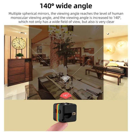 SQ11 Mini Portable Sport Camera with Night Vision Holder showing 140° wide angle indoor room view and compact cube on a fingertip