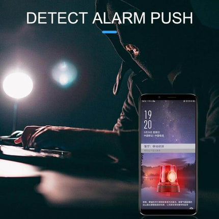 Smart Home WiFi Security Camera with Motion Detection and Night Vision showing smartphone alert for detected motion and night vision alarm