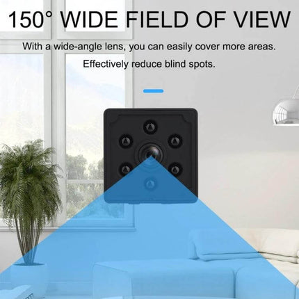 Smart Home WiFi Security Camera with Motion Detection and Night Vision showing 150° wide field of view and night vision coverage in living room