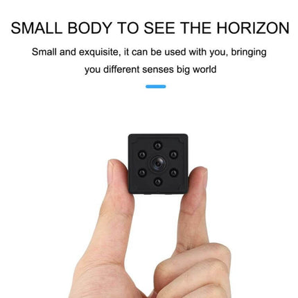 Smart Home WiFi Security Camera with Motion Detection and Night Vision small 1080P cube camera held between fingers showing night vision LEDs