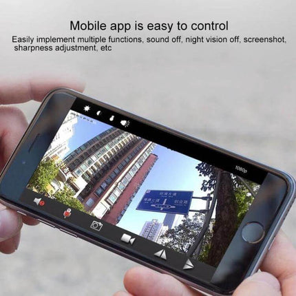 Mini 1080P WiFi IP Camera for Remote Home Monitoring - smartphone live view showing building and street on mobile app