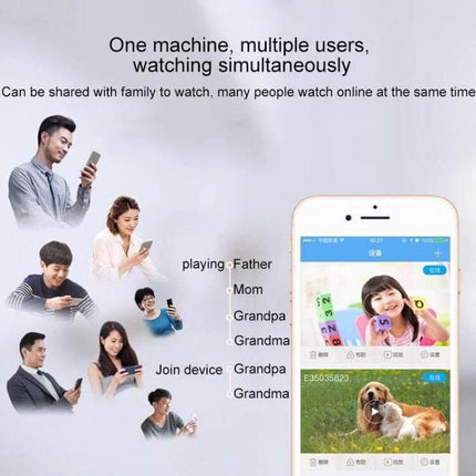 Mini 1080P WiFi IP Camera for Remote Home Monitoring showing multiple users viewing live mobile feeds of child and pet via smartphone apps