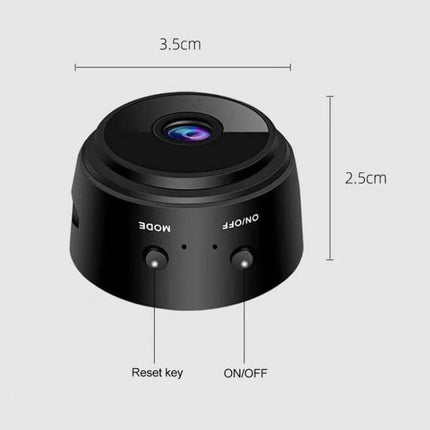 Mini 1080P WiFi IP Camera for Remote Home Monitoring — compact black 3.5cm x 2.5cm mini camera with lens, ON/OFF and reset keys for pet and entry monitoring