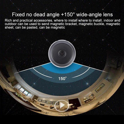 Mini 1080P WiFi IP Camera for Remote Home Monitoring showing 150° wide-angle coverage and indoor mounting options