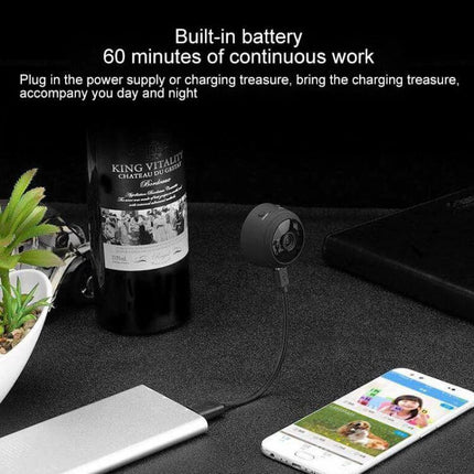 Mini 1080P WiFi IP Camera for Remote Home Monitoring showing compact camera charging from power bank with smartphone live feed