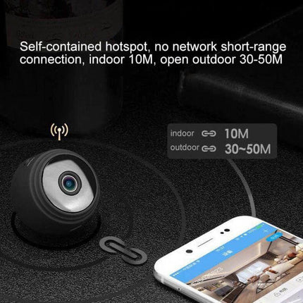 Mini 1080P WiFi IP Camera for Remote Home Monitoring showing mini camera with smartphone live feed and indoor 10M / outdoor 30–50M range